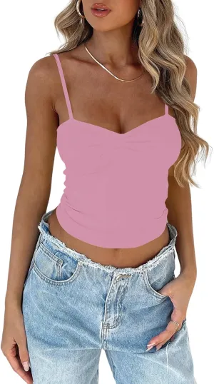 TFSDOD Women's Sleeveless Tank Top Sexy Sweetheart Neck Going Out Crop Top Cute Y2K Pleated Strappy Vest Cami Shirt