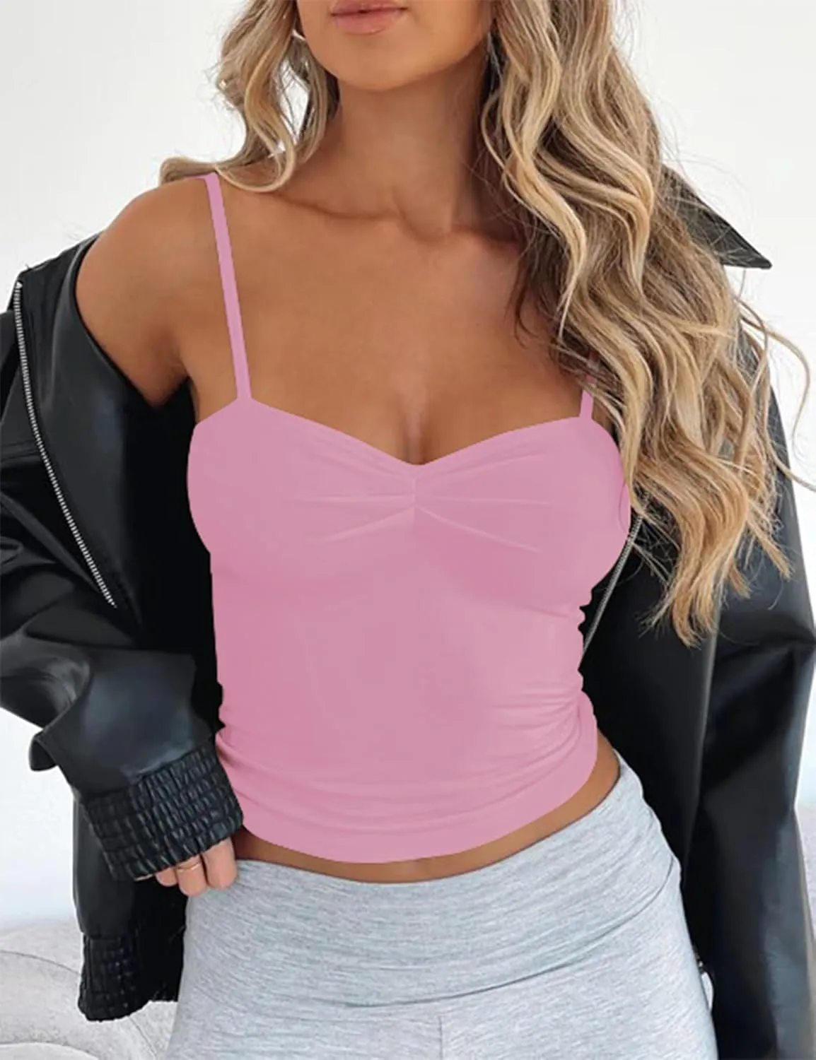 TFSDOD Women's Sleeveless Tank Top Sexy Sweetheart Neck Going Out Crop Top Cute Y2K Pleated Strappy Vest Cami Shirt
