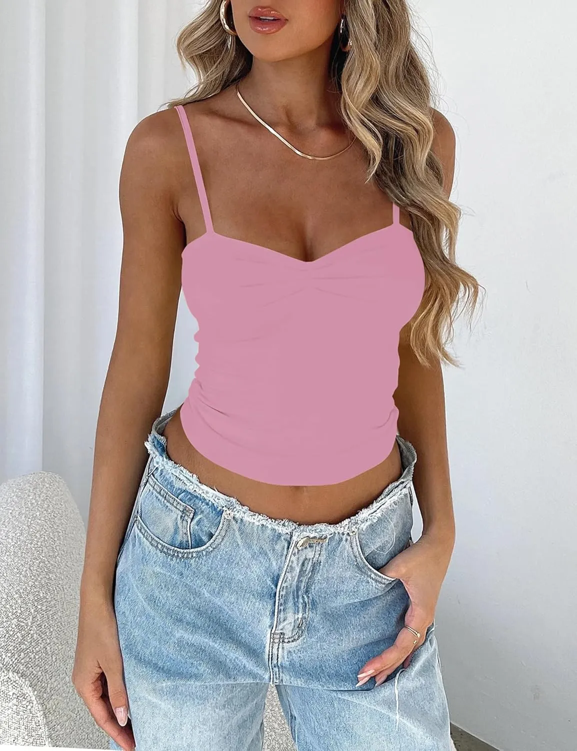 TFSDOD Women's Sleeveless Tank Top Sexy Sweetheart Neck Going Out Crop Top Cute Y2K Pleated Strappy Vest Cami Shirt