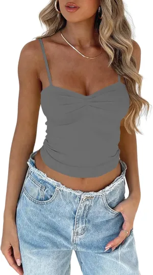 TFSDOD Women's Sleeveless Tank Top Sexy Sweetheart Neck Going Out Crop Top Cute Y2K Pleated Strappy Vest Cami Shirt