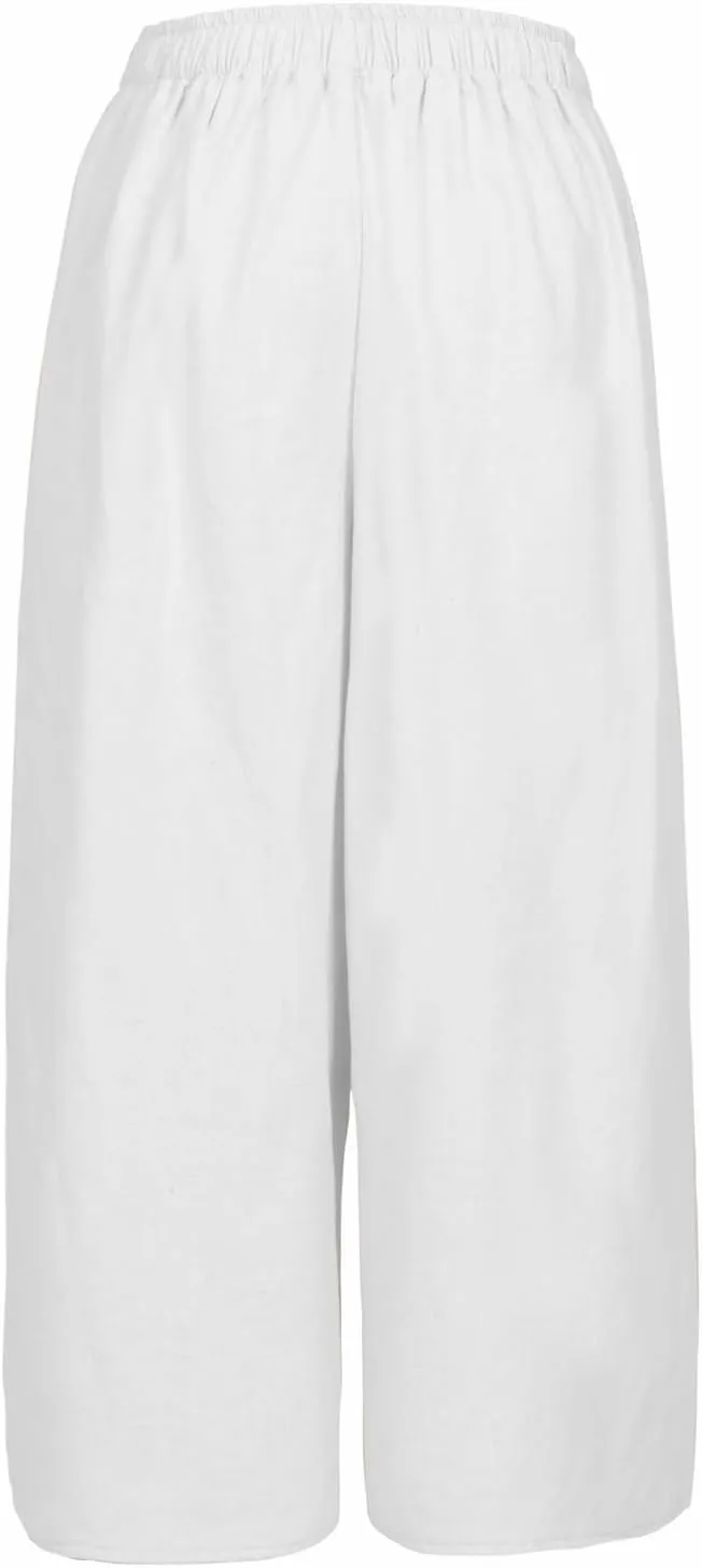 ThCreasa Womens Solid Back Elastic Waist Culottes Pants Cotton Linen Wide Leg Palazzo Cropped Trousers with Pockets