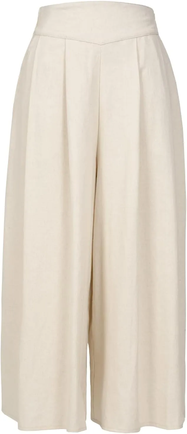 ThCreasa Womens Solid Back Elastic Waist Culottes Pants Cotton Linen Wide Leg Palazzo Cropped Trousers with Pockets