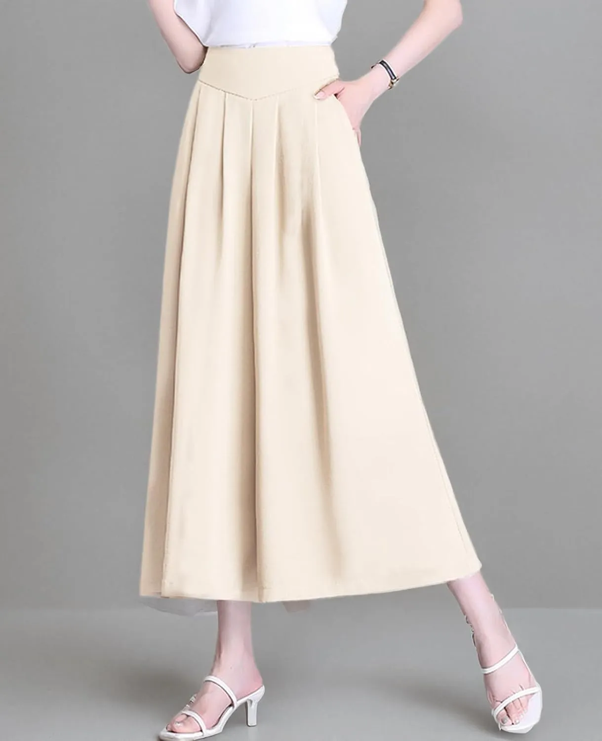 ThCreasa Womens Solid Back Elastic Waist Culottes Pants Cotton Linen Wide Leg Palazzo Cropped Trousers with Pockets