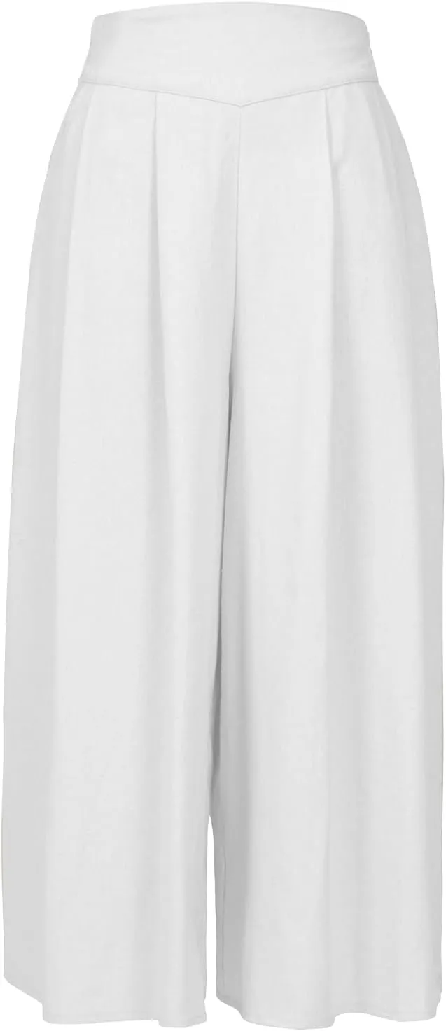 ThCreasa Womens Solid Back Elastic Waist Culottes Pants Cotton Linen Wide Leg Palazzo Cropped Trousers with Pockets