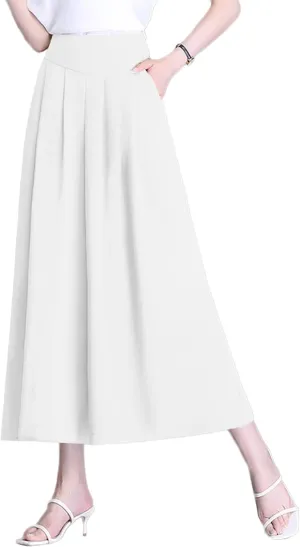 ThCreasa Womens Solid Back Elastic Waist Culottes Pants Cotton Linen Wide Leg Palazzo Cropped Trousers with Pockets