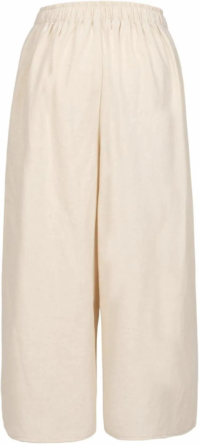 ThCreasa Womens Solid Back Elastic Waist Culottes Pants Cotton Linen Wide Leg Palazzo Cropped Trousers with Pockets
