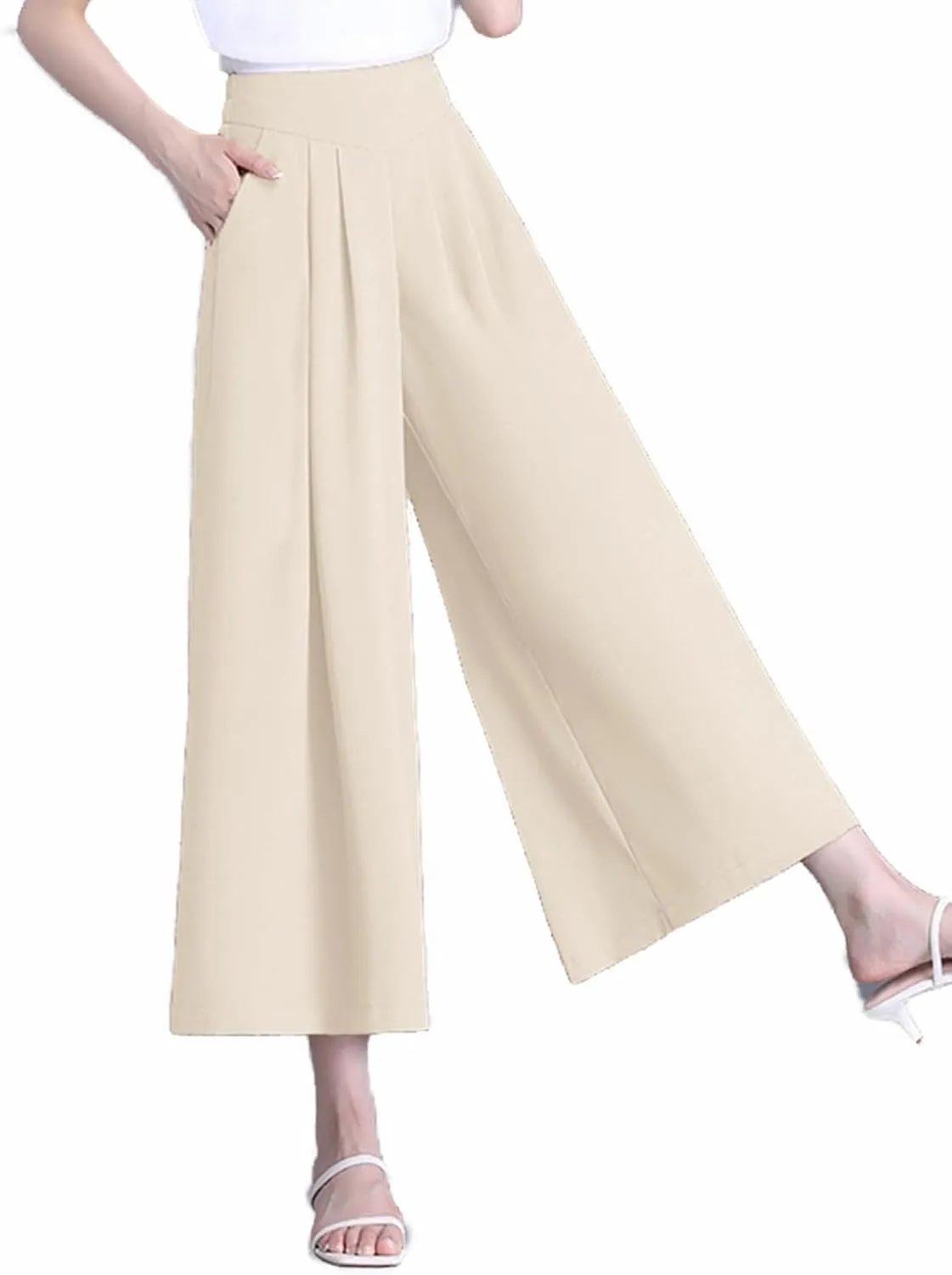 ThCreasa Womens Solid Back Elastic Waist Culottes Pants Cotton Linen Wide Leg Palazzo Cropped Trousers with Pockets
