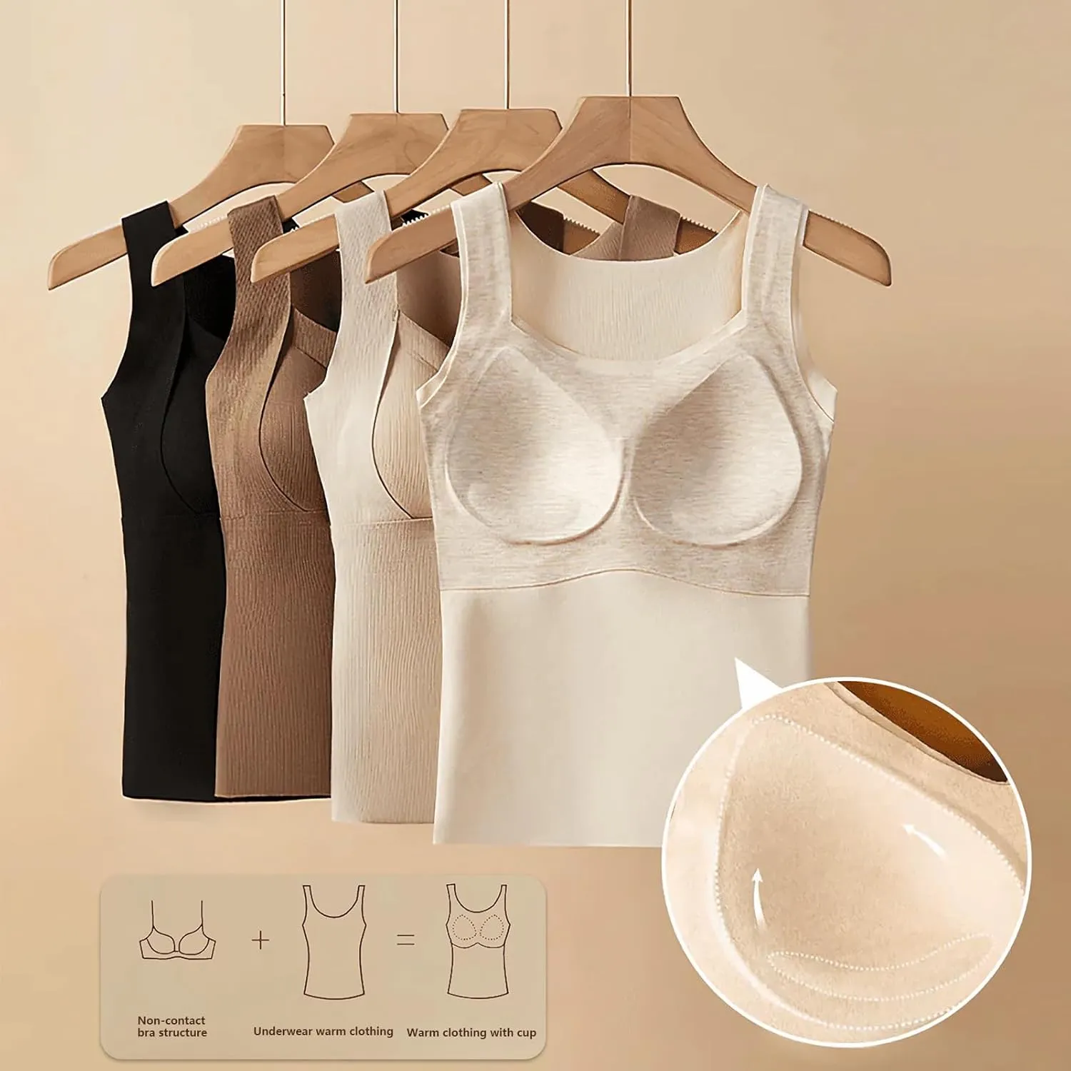Thickened Warm Tank Top with Shelf Bra Winter Camisole Casual Wide Strap Wirelfree Shapewear Tank Fitted Warming Top