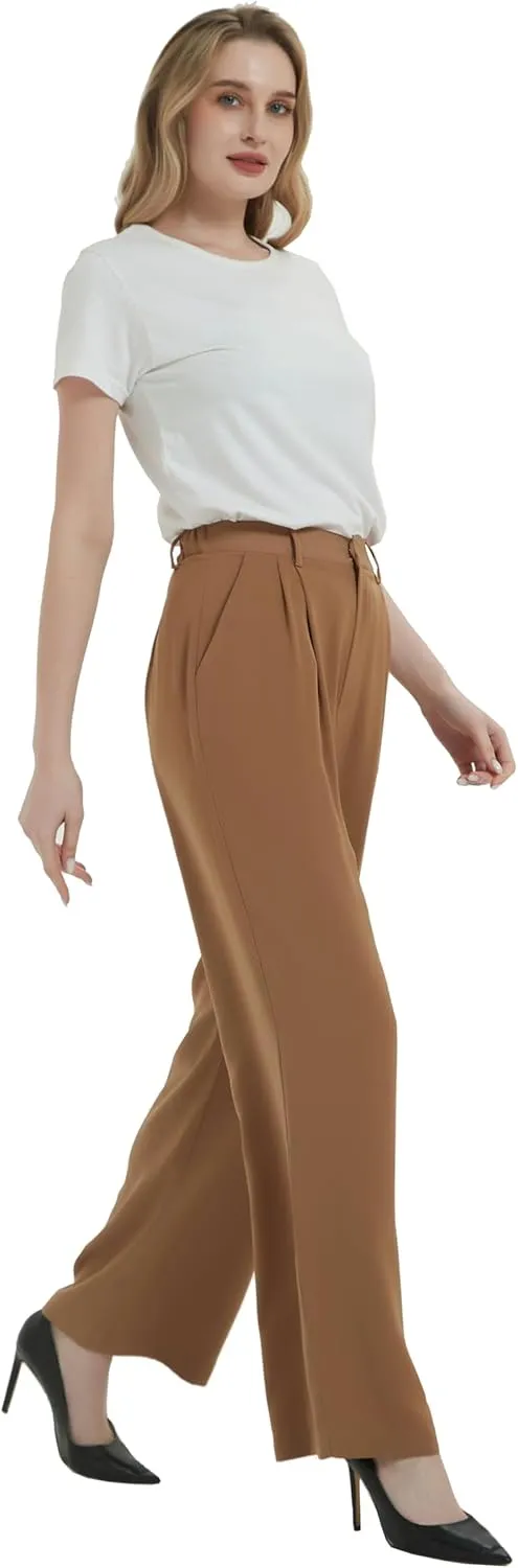 Tronjori Women High Waist Casual Straight Leg Long Business Work Suit Dress Pants Wide Leg Trousers Regular Waistband