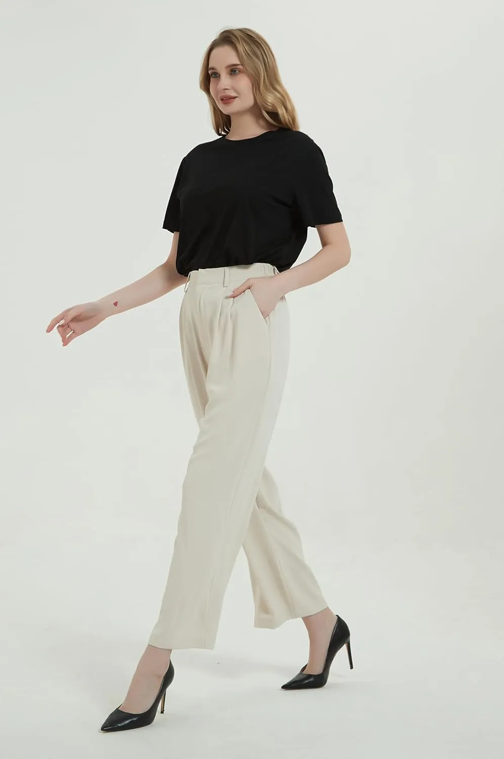 Tronjori Women High Waist Casual Straight Leg Long Business Work Suit Dress Pants Wide Leg Trousers Regular Waistband