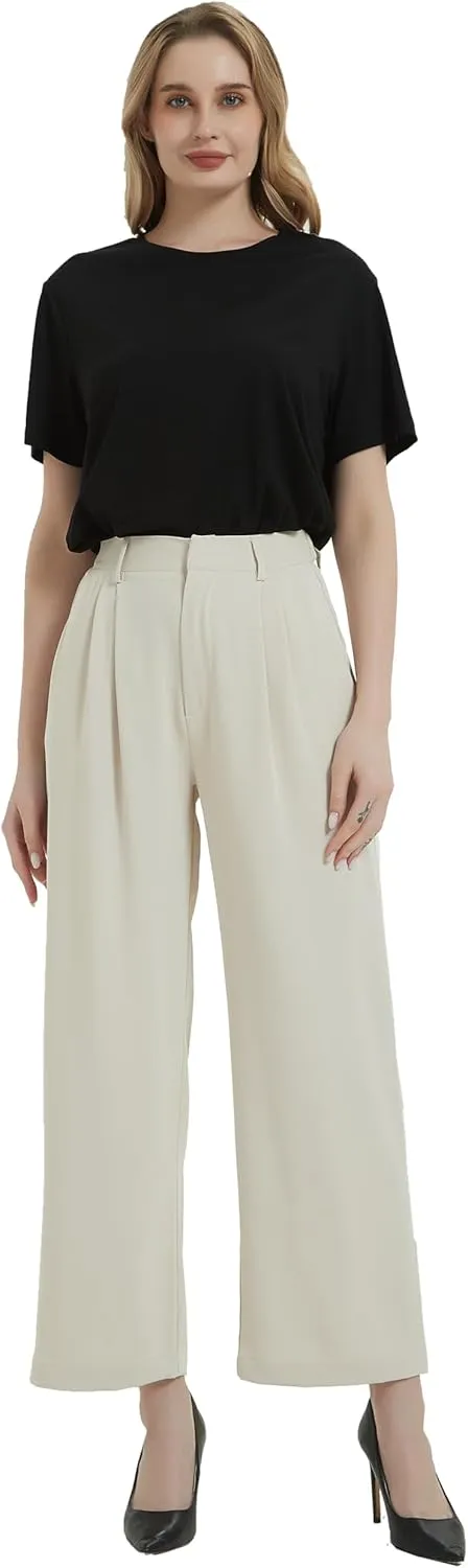 Tronjori Women High Waist Casual Straight Leg Long Business Work Suit Dress Pants Wide Leg Trousers Regular Waistband