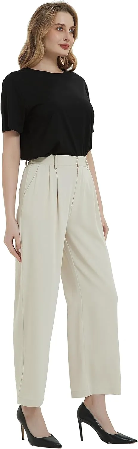 Tronjori Women High Waist Casual Straight Leg Long Business Work Suit Dress Pants Wide Leg Trousers Regular Waistband