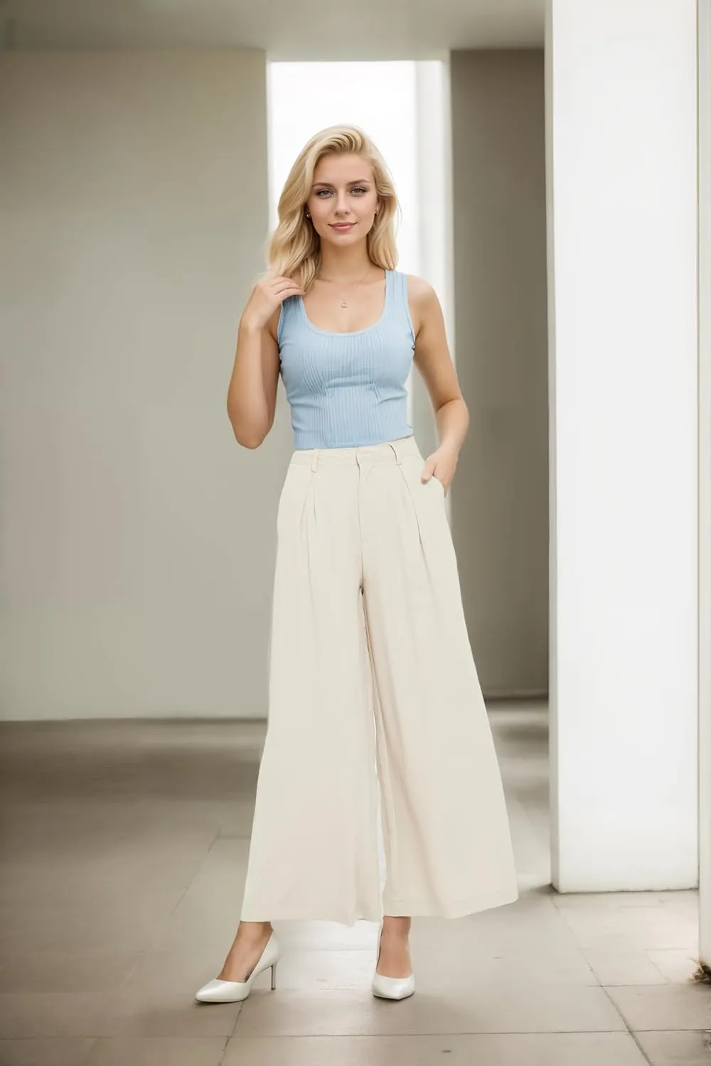 Tronjori Women High Waist Casual Wide Leg Long Palazzo Pants Trousers Regular Size