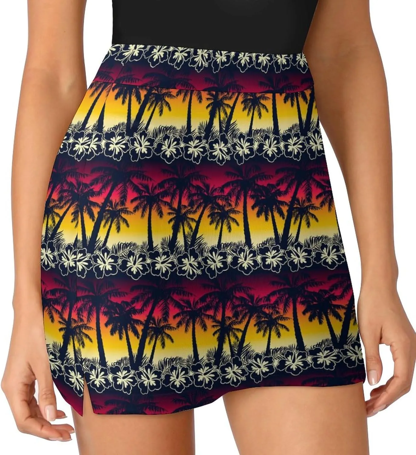 Tropical Palm Tree at Sunset Women's Mini Tennis Skirt with Shorts Underneath Athletic Workout Cute Skorts