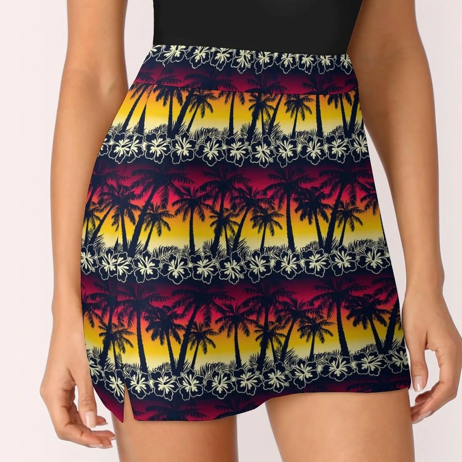 Tropical Palm Tree at Sunset Women's Mini Tennis Skirt with Shorts Underneath Athletic Workout Cute Skorts