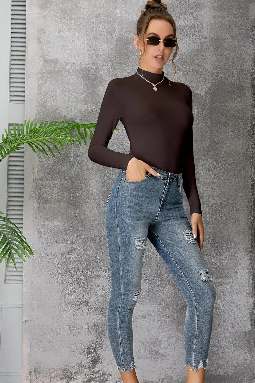 UNTYHOTS Women's Sleeveless Long Sleeves Mock Turtleneck Top Basic Stretch Fitting Pullover Lightweight Slim Shirt