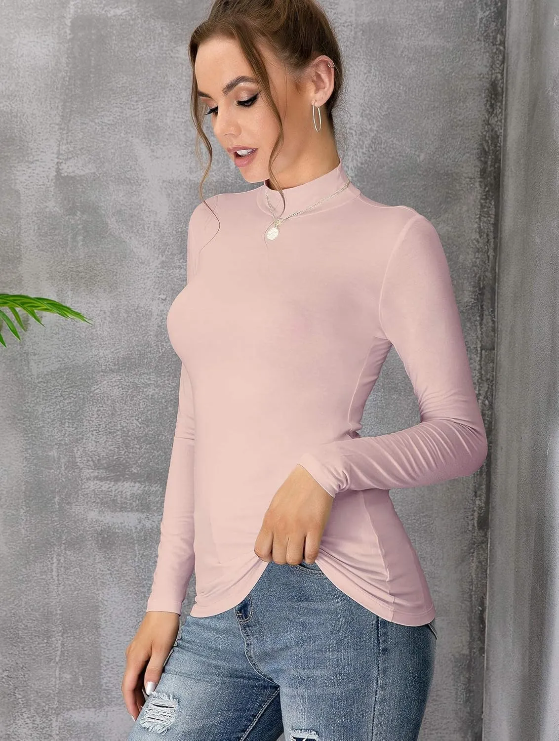 UNTYHOTS Women's Sleeveless Long Sleeves Mock Turtleneck Top Basic Stretch Fitting Pullover Lightweight Slim Shirt