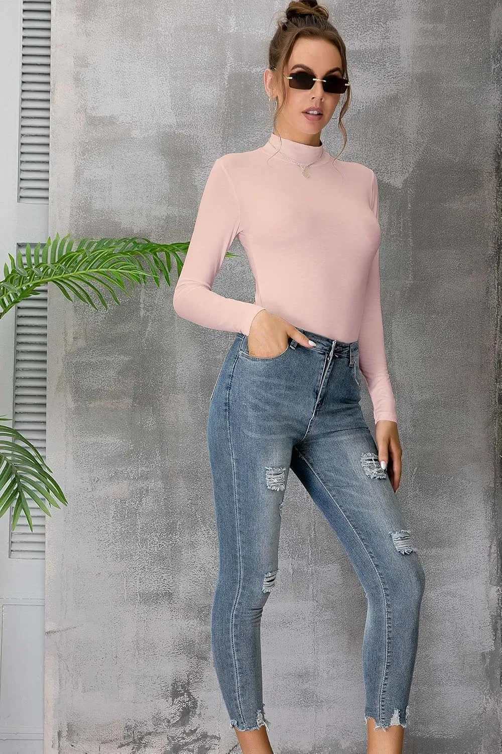 UNTYHOTS Women's Sleeveless Long Sleeves Mock Turtleneck Top Basic Stretch Fitting Pullover Lightweight Slim Shirt