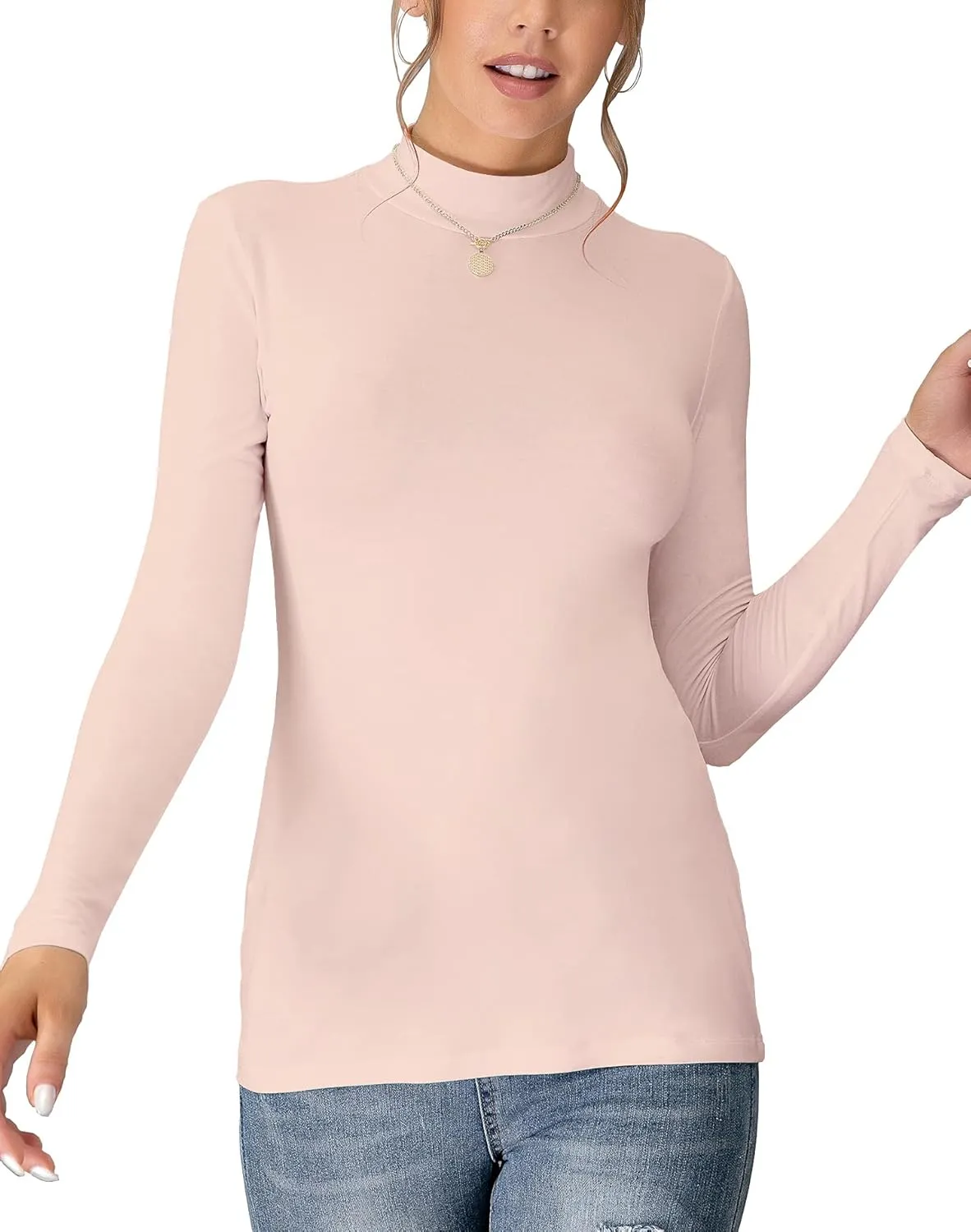 UNTYHOTS Women's Sleeveless Long Sleeves Mock Turtleneck Top Basic Stretch Fitting Pullover Lightweight Slim Shirt