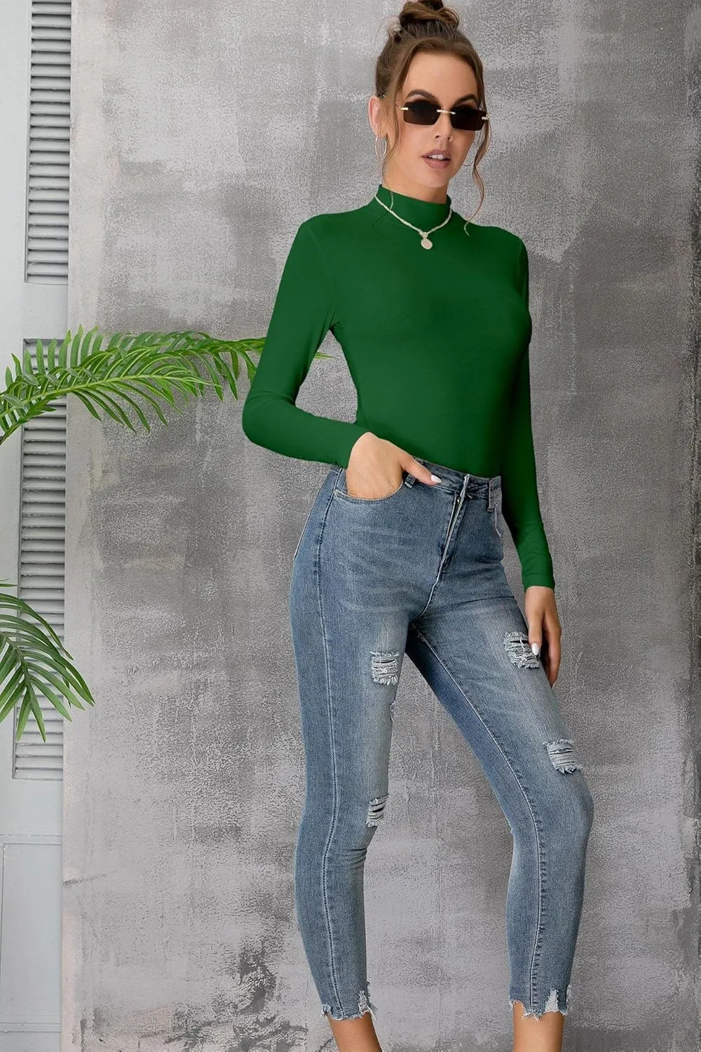 UNTYHOTS Women's Sleeveless Long Sleeves Mock Turtleneck Top Basic Stretch Fitting Pullover Lightweight Slim Shirt