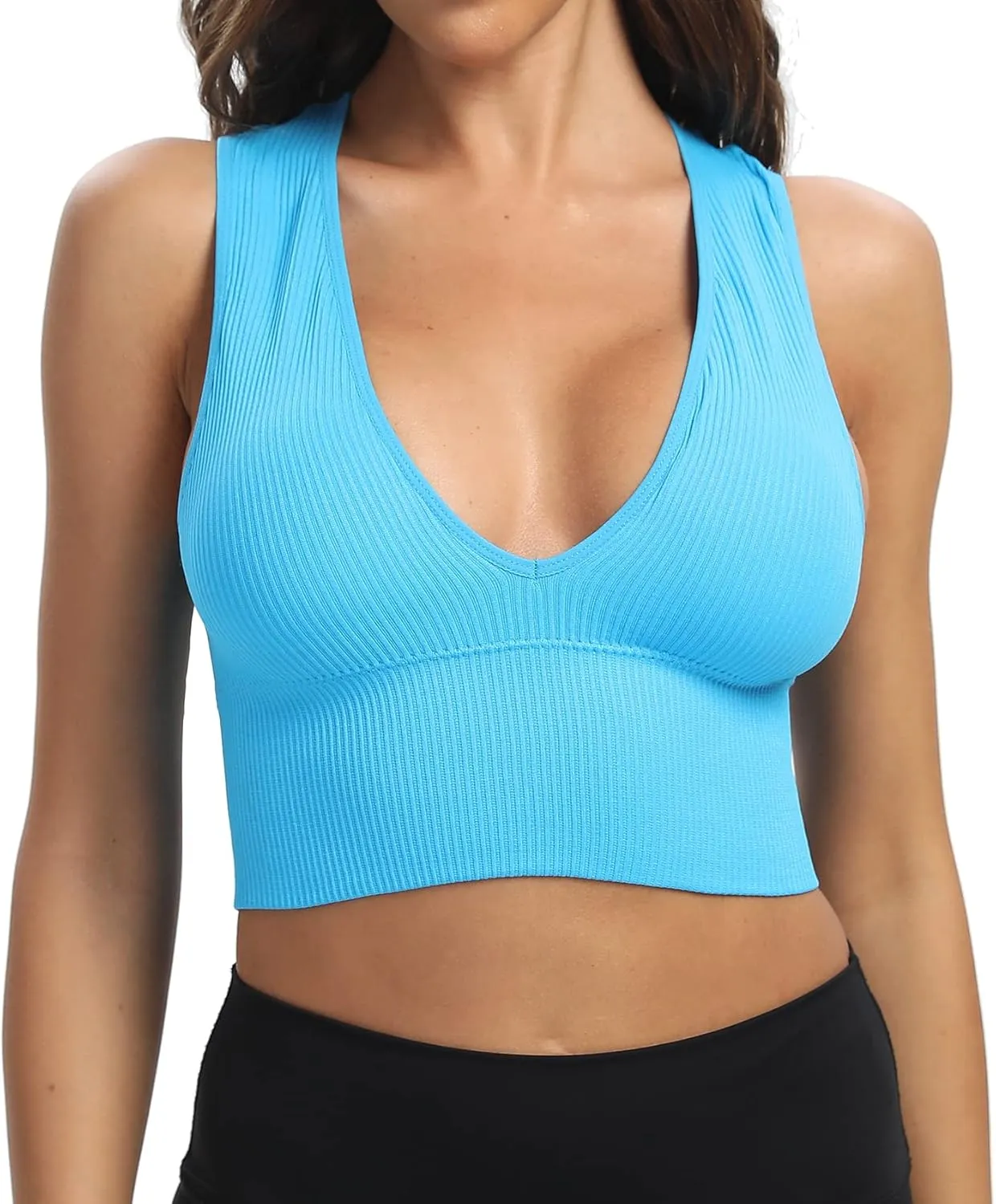 Venbond Women's Sexy Sleeveless Seamless Crop Top Deep Plunge V Neck Ribbed Tank Top with Removable Pads