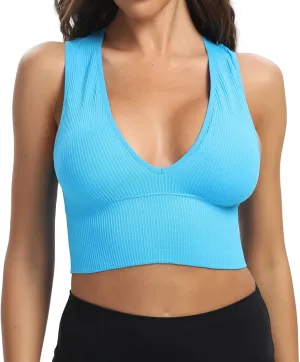 Venbond Women's Sexy Sleeveless Seamless Crop Top Deep Plunge V Neck Ribbed Tank Top with Removable Pads