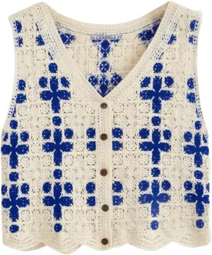 Verdusa Women's Button Front Vest V Neck Sleeveless Knit Crochet Sweater Vest