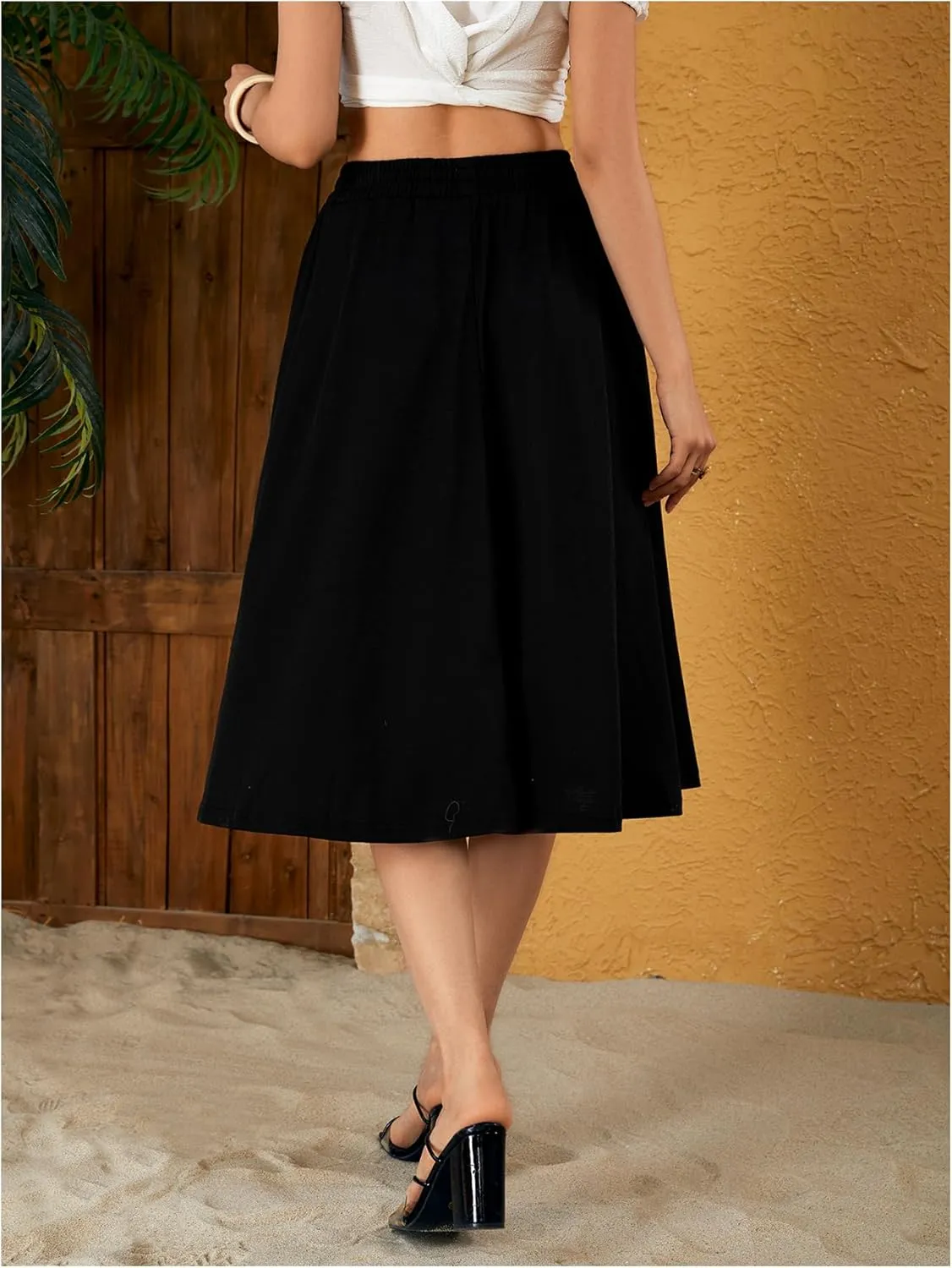 Verdusa Women's Elastic Waist Pocket Side A Line Midi Swing Flared Skirt