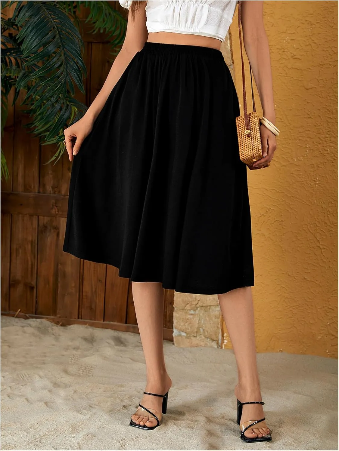 Verdusa Women's Elastic Waist Pocket Side A Line Midi Swing Flared Skirt