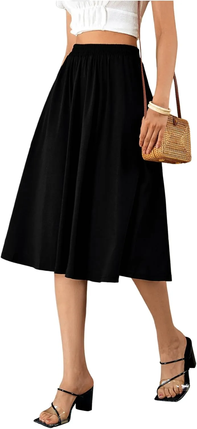 Verdusa Women's Elastic Waist Pocket Side A Line Midi Swing Flared Skirt