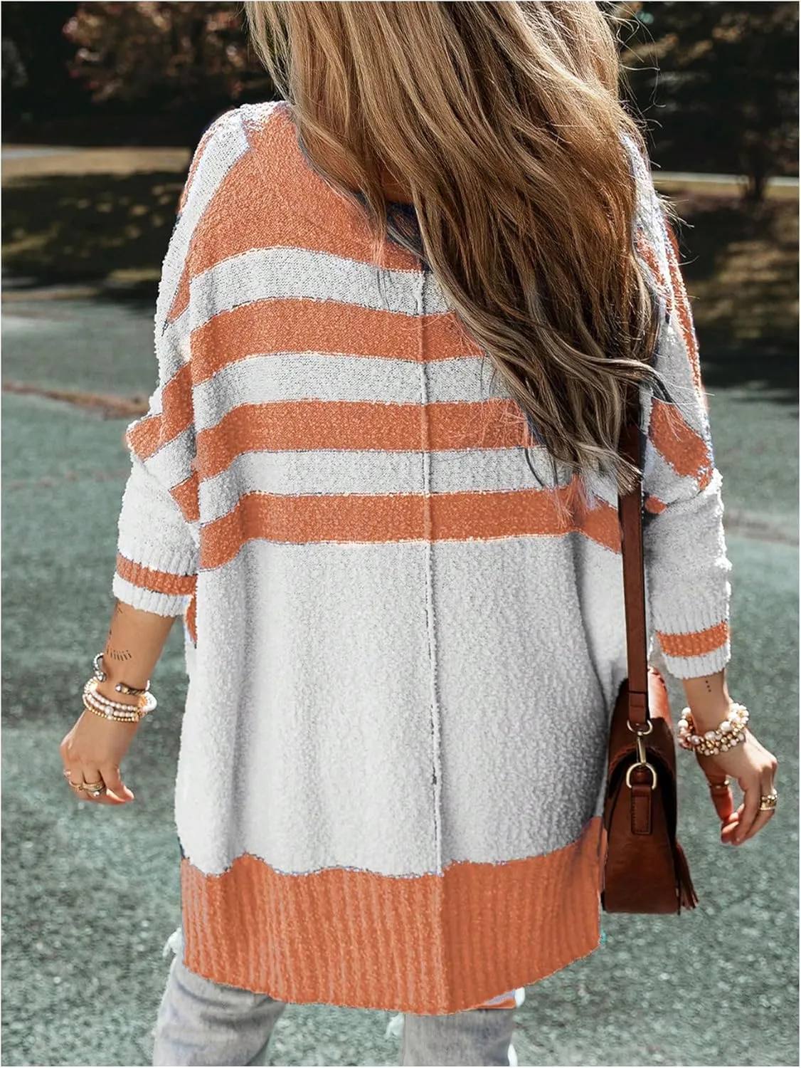 WDIRARA Women's Striped Button Front V Neck Cardigan Oversized Long Sleeve Sweater Knit Outerwear