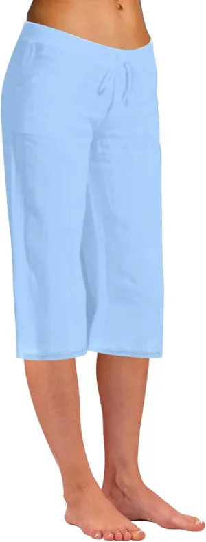 Wide Leg Capri Pants for Women Casual Summer Cotton Linen Palazzo Pant Loose Comfy Lounge Beach Trousers with Pockets