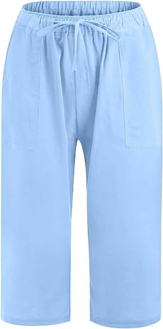 Wide Leg Capri Pants for Women Casual Summer Cotton Linen Palazzo Pant Loose Comfy Lounge Beach Trousers with Pockets
