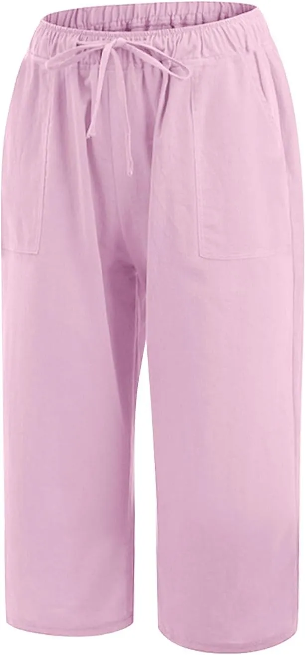 Wide Leg Capri Pants for Women Casual Summer Cotton Linen Palazzo Pant Loose Comfy Lounge Beach Trousers with Pockets