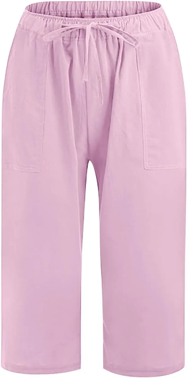 Wide Leg Capri Pants for Women Casual Summer Cotton Linen Palazzo Pant Loose Comfy Lounge Beach Trousers with Pockets