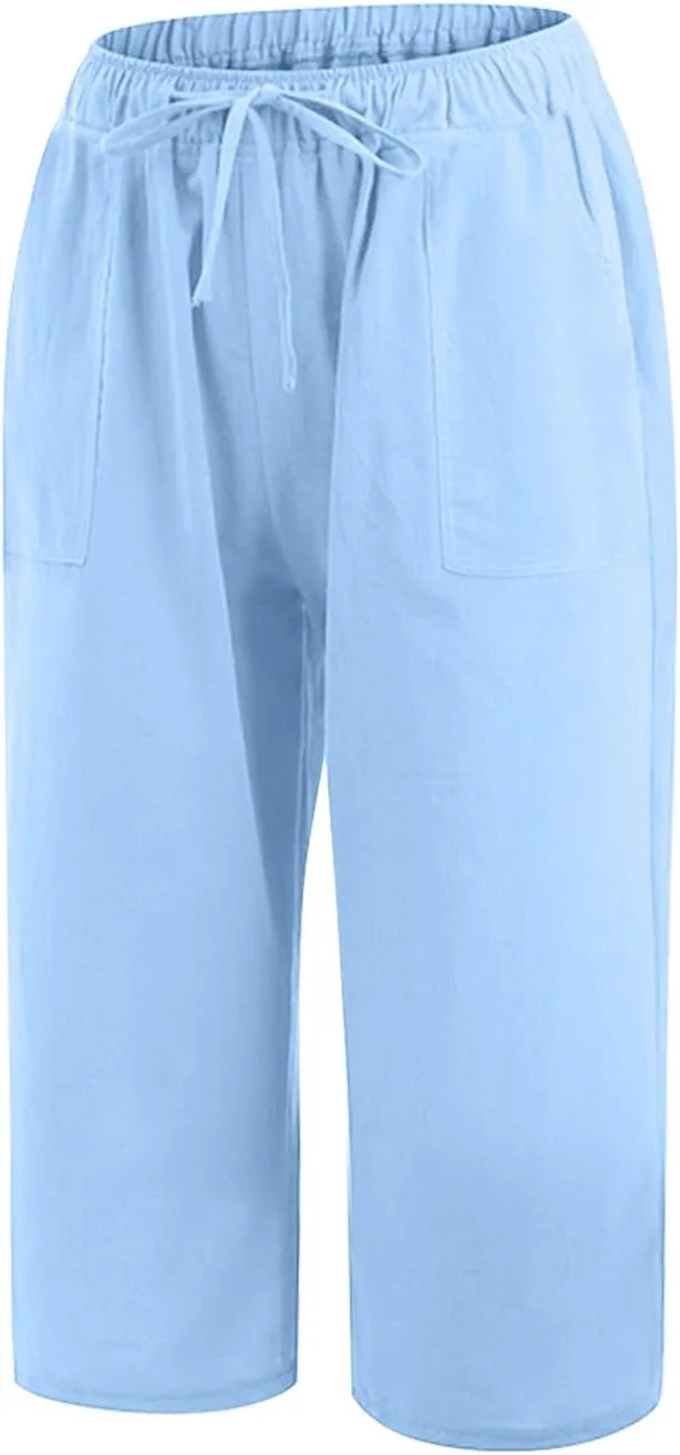 Wide Leg Capri Pants for Women Casual Summer Cotton Linen Palazzo Pant Loose Comfy Lounge Beach Trousers with Pockets
