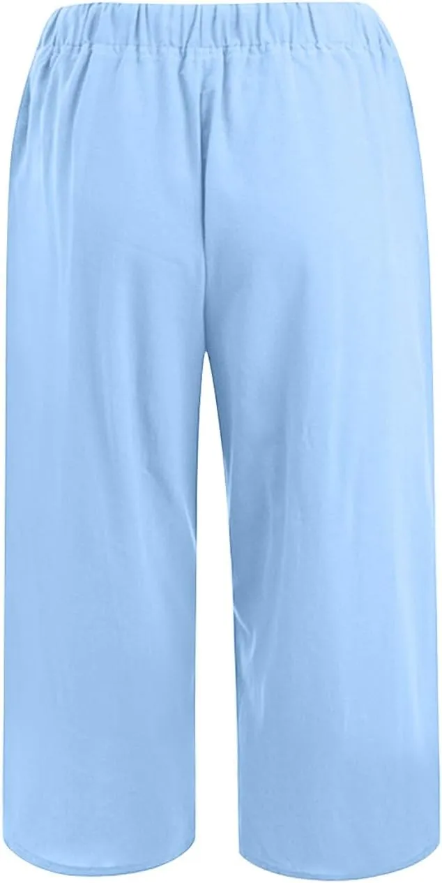 Wide Leg Capri Pants for Women Casual Summer Cotton Linen Palazzo Pant Loose Comfy Lounge Beach Trousers with Pockets