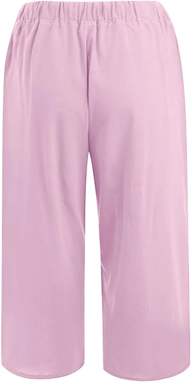 Wide Leg Capri Pants for Women Casual Summer Cotton Linen Palazzo Pant Loose Comfy Lounge Beach Trousers with Pockets