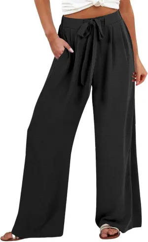 Wide Leg Linen Pants for Women Dressy High Waist Adjustable Knot Palazzo Lounge Trousers Business Work Casual Pants