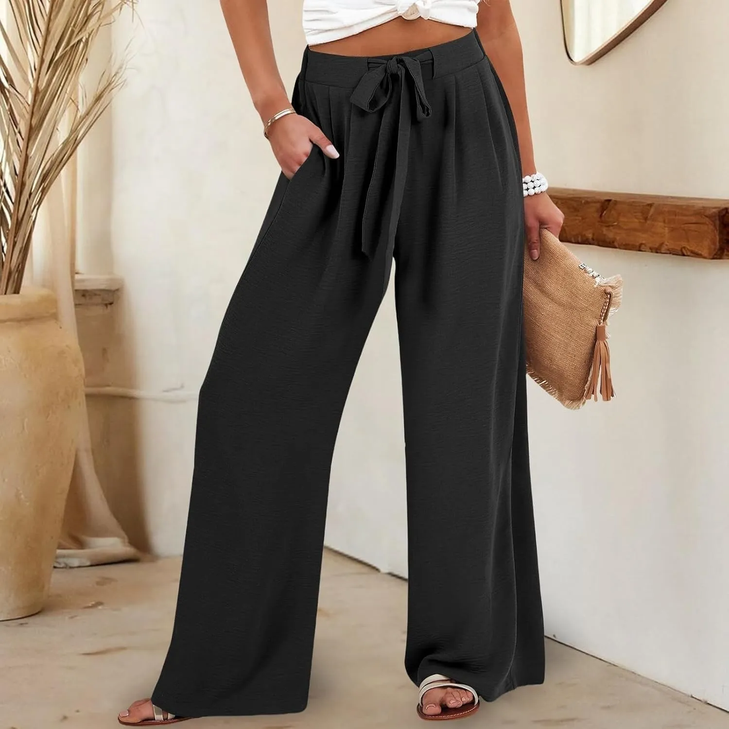 Wide Leg Linen Pants for Women Dressy High Waist Adjustable Knot Palazzo Lounge Trousers Business Work Casual Pants