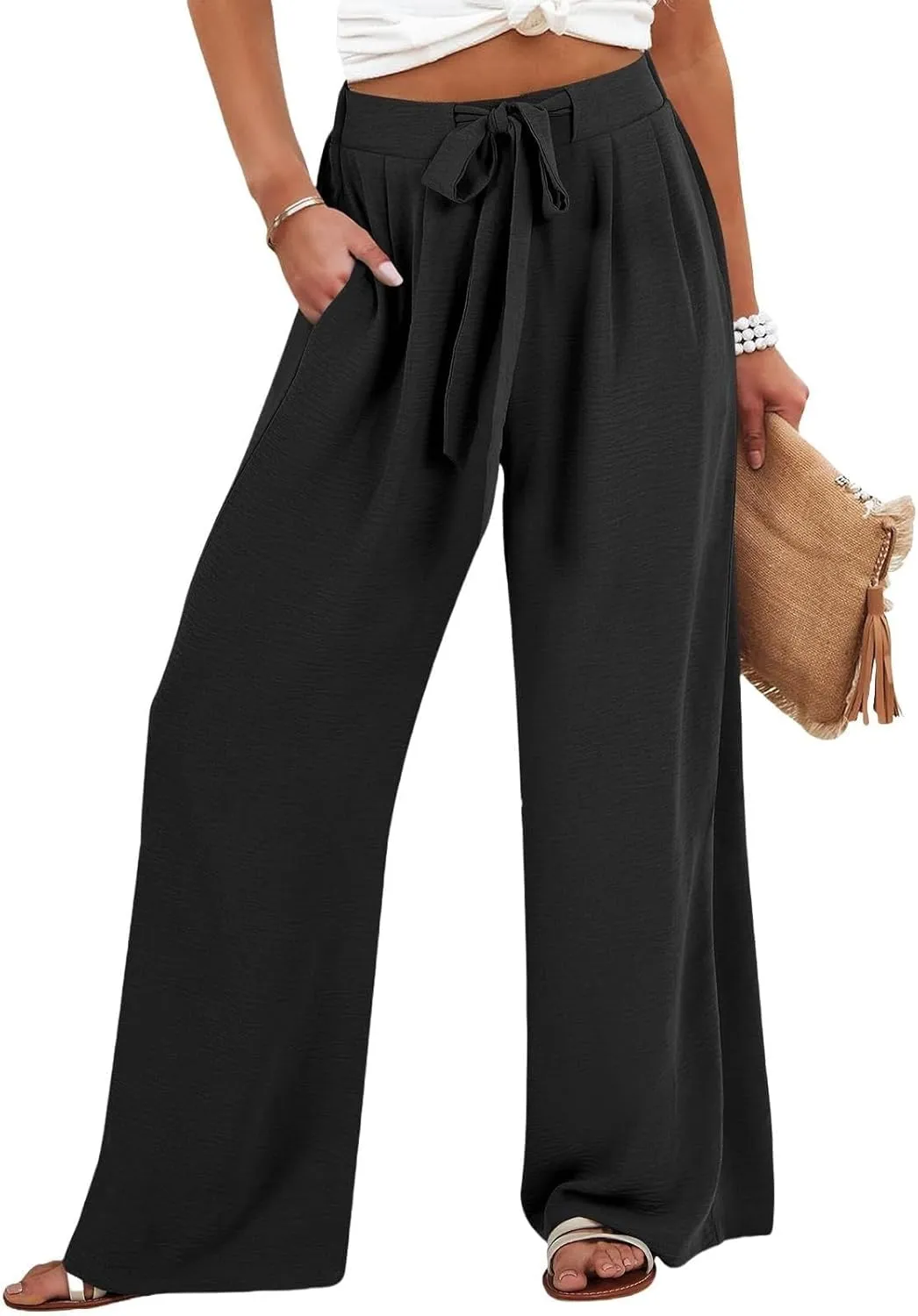 Wide Leg Linen Pants for Women Dressy High Waist Adjustable Knot Palazzo Lounge Trousers Business Work Casual Pants