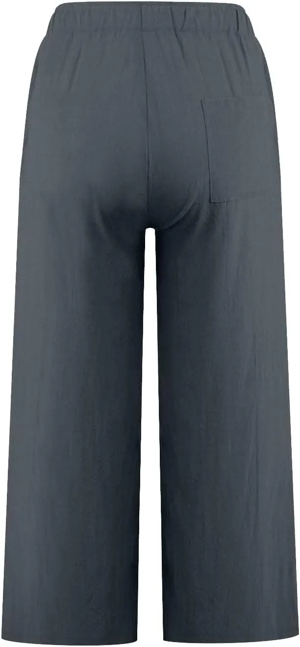 Wide Leg Linen Pants for Women Elastic Waist Casual Crop Capri Pant Loose Comfy Lounge Trouser Summer Beach Outfits