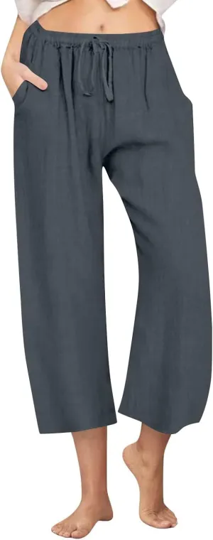 Wide Leg Linen Pants for Women Elastic Waist Casual Crop Capri Pant Loose Comfy Lounge Trouser Summer Beach Outfits