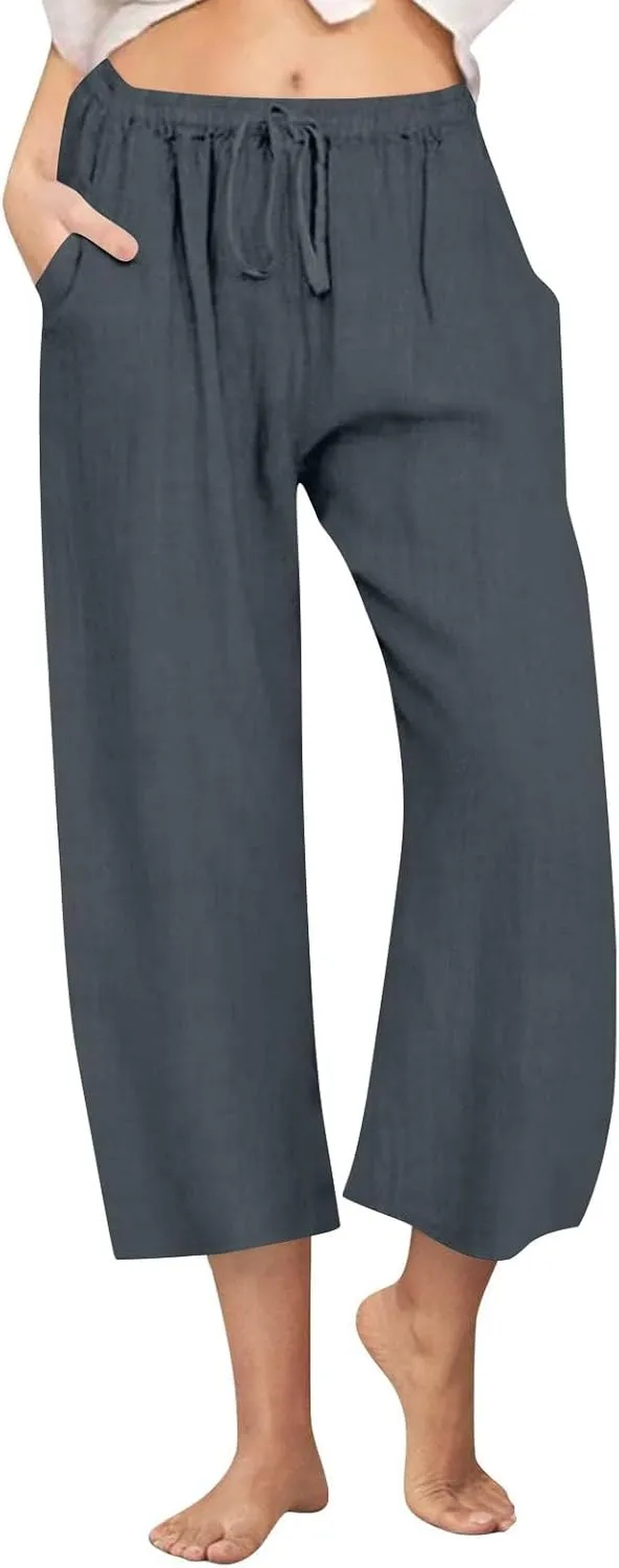 Wide Leg Linen Pants for Women Elastic Waist Casual Crop Capri Pant Loose Comfy Lounge Trouser Summer Beach Outfits