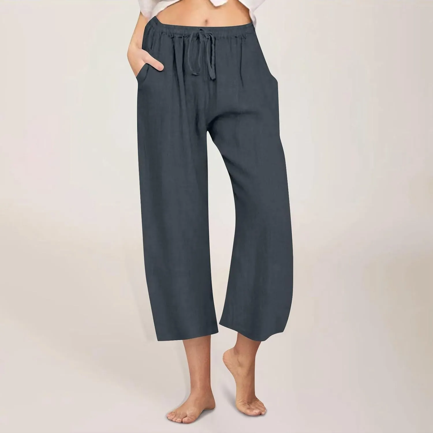 Wide Leg Linen Pants for Women Elastic Waist Casual Crop Capri Pant Loose Comfy Lounge Trouser Summer Beach Outfits