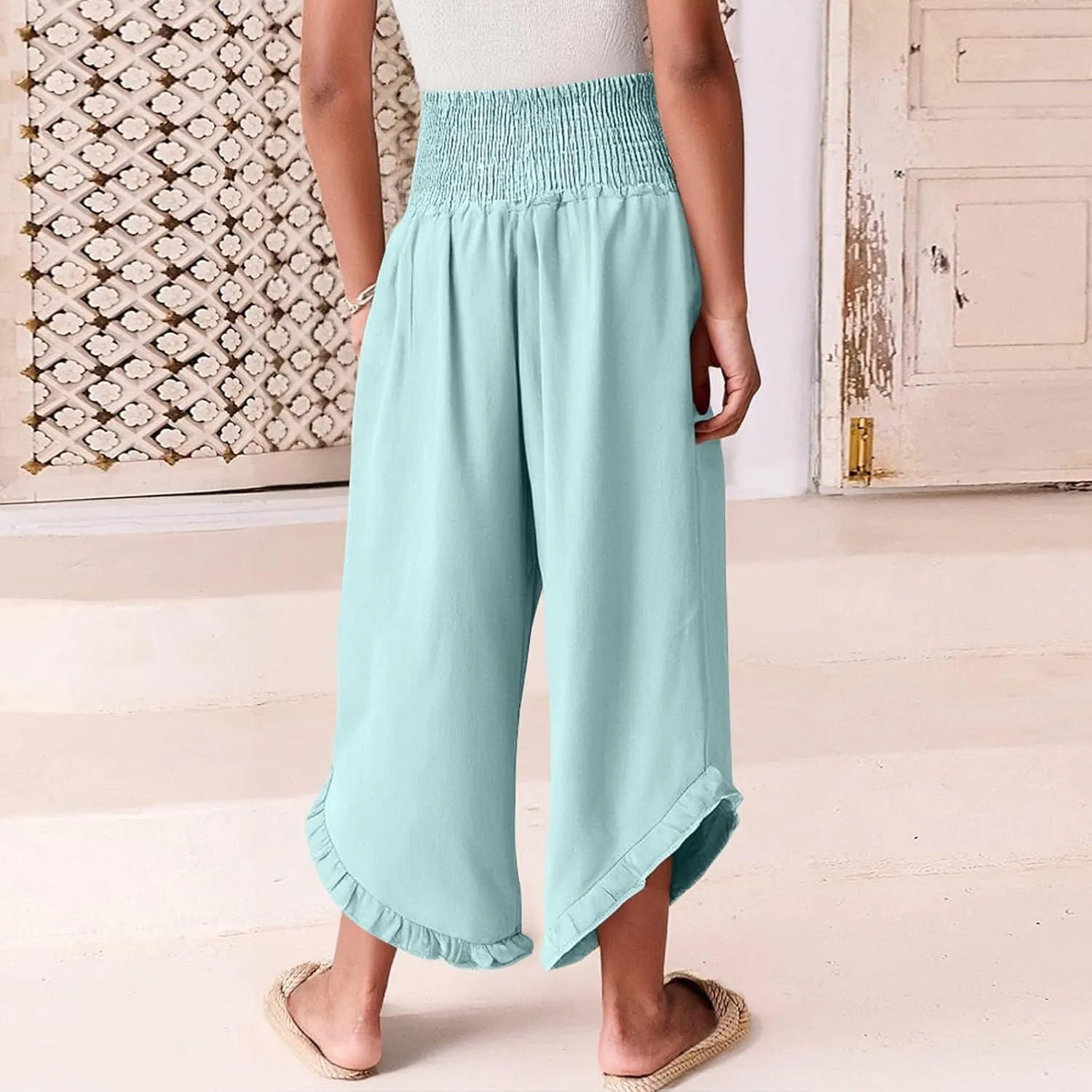 Wide Leg Linen Pants for Women Stretch Smocked High Waisted Ruffle Hem Flowy Beach Palazzo Trousers with Pocket