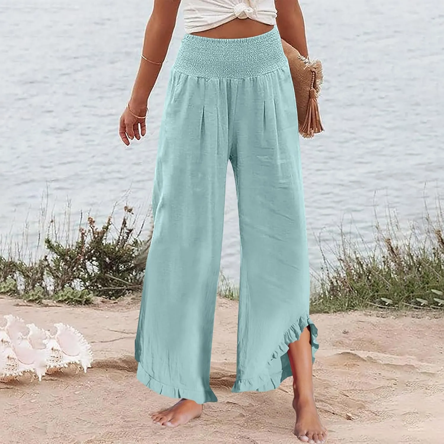 Wide Leg Linen Pants for Women Stretch Smocked High Waisted Ruffle Hem Flowy Beach Palazzo Trousers with Pocket