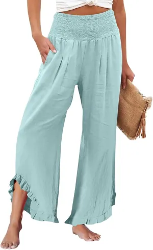 Wide Leg Linen Pants for Women Stretch Smocked High Waisted Ruffle Hem Flowy Beach Palazzo Trousers with Pocket