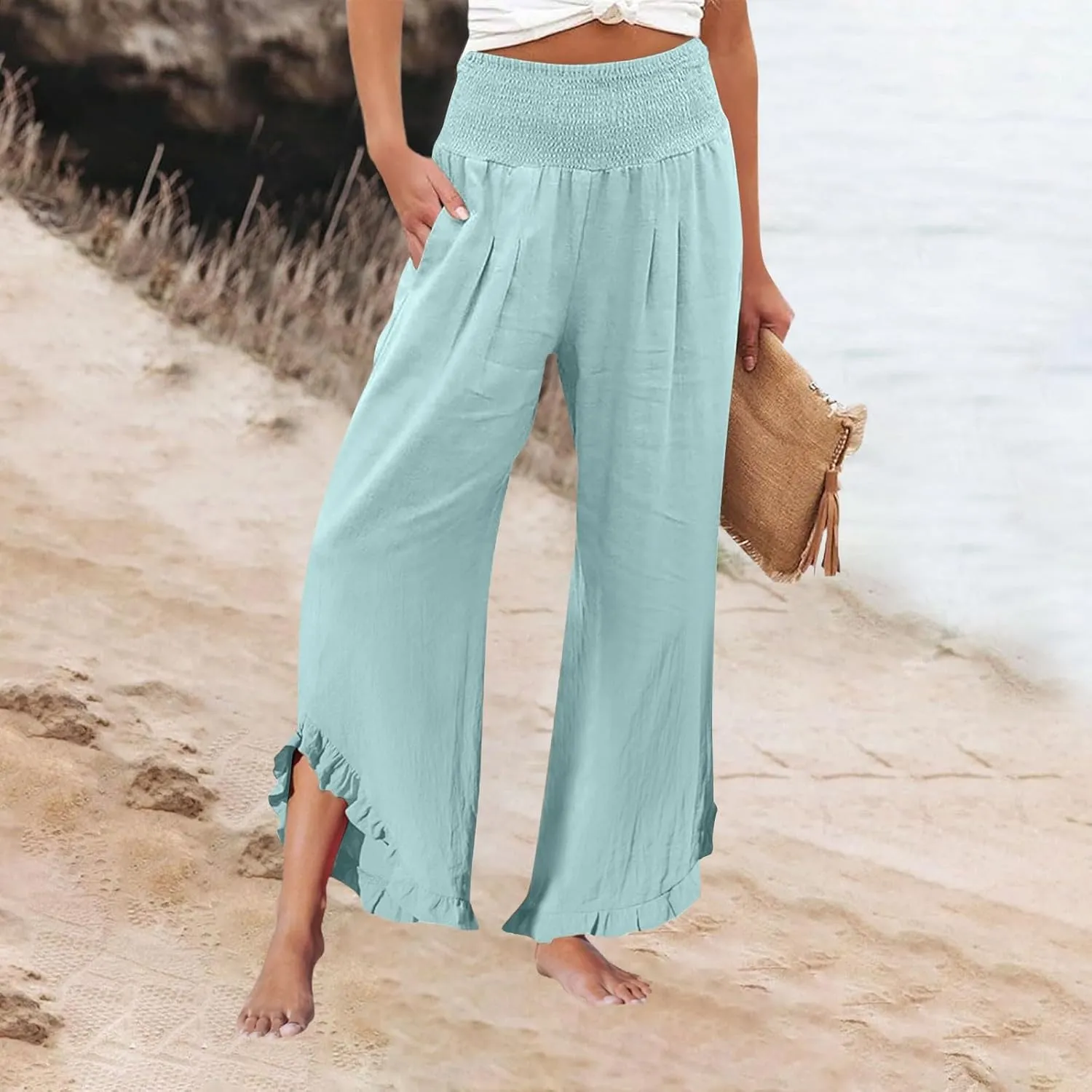Wide Leg Linen Pants for Women Stretch Smocked High Waisted Ruffle Hem Flowy Beach Palazzo Trousers with Pocket