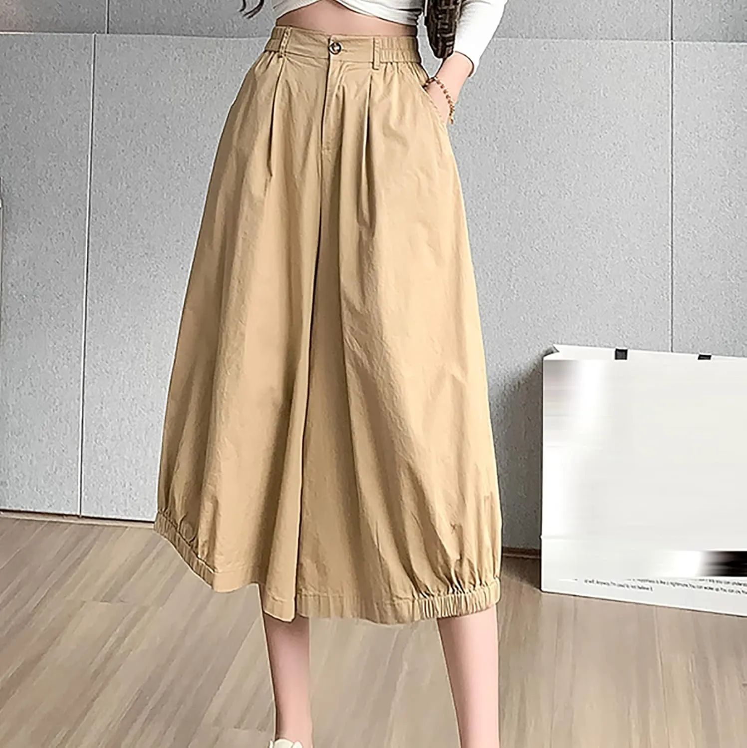 Wide Leg Pants for Women Culottes Pants Lightweight Loose Fit Summer Trousers Elastic High Waist Pants Cinch Bottom